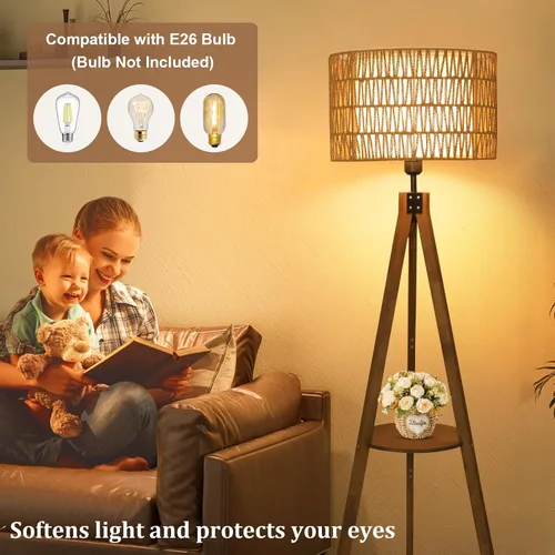 Miniatura 5 de LAMSU Lámparas de pie estilo bohemio con trípode para sala de estar, lámpara de pie de madera de ratán con pantallas de tela, lámpara de pie