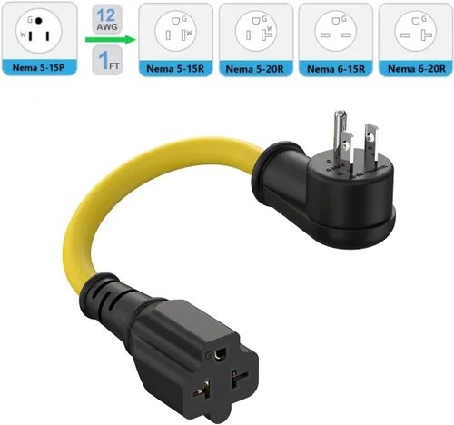 Miniatura 2 de Cable adaptador de enchufe doméstico de 1 pie de 12 AWG en ángulo recto de 15 amperios a 20 amperios, cable adaptador de enchufe de 90 grados Nema