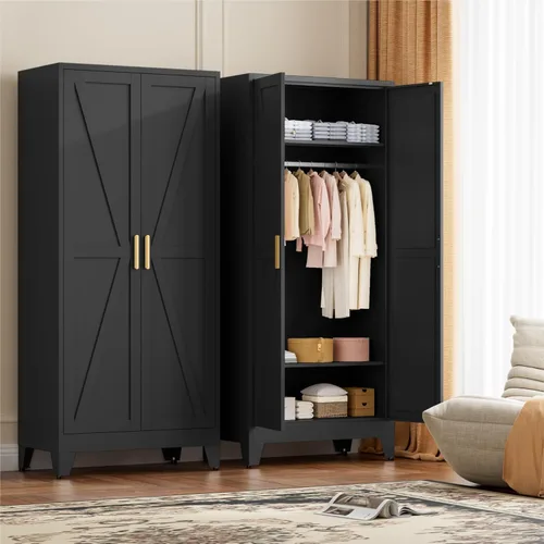 Miniatura 5 de LCAOPC Armario de metal de 71 pulgadas de alto con estantes ajustables y barra para colgar, 2 puertas, armario independiente para dormitorio, Negro