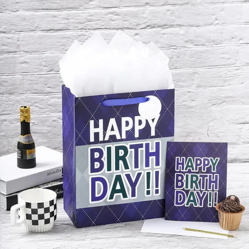 Miniatura 4 de Loveinside Bolsa de regalo a cuadros azul marino con texto en inglés «Happy Birthday» impresa, tamaño mediano con papel de seda, etiqueta, tarjeta