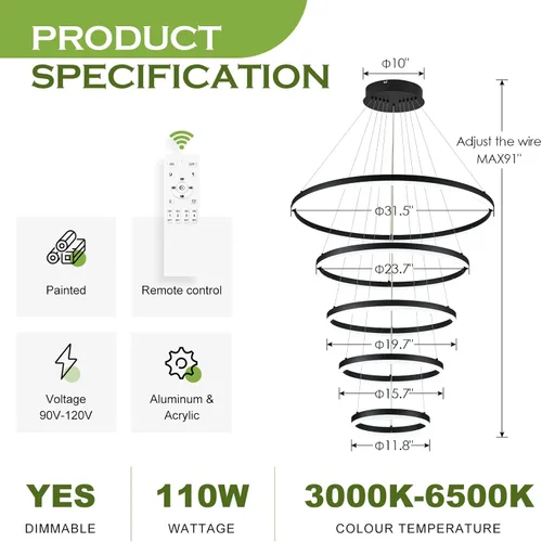 Miniatura 3 de Benkut 5 Anillos D31.5 Lámpara de Araña LED Moderna Negra Grande Regulable Circular para Techo Alto con Control Remoto para Vestíbulo, Comedor, Sala