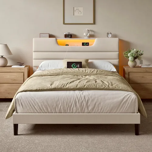 Miniatura 9 de OURPIC - Marcos de cama tamaño Queen con cabecero tapizado, cama moderna con plataforma y estación de carga y luces LED, marco de cama con listones