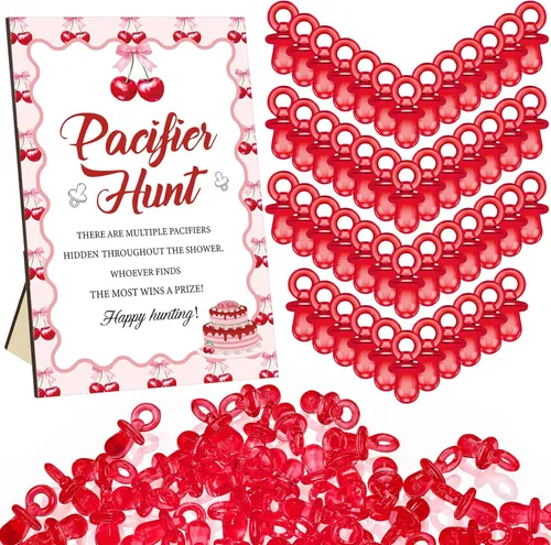 Miniatura 38 de Thyle Juego de 51 piezas de chupete de caza para baby shower, incluye signo de caza y 50 chupetes acrílicos para decoración de juegos de baby Rosa