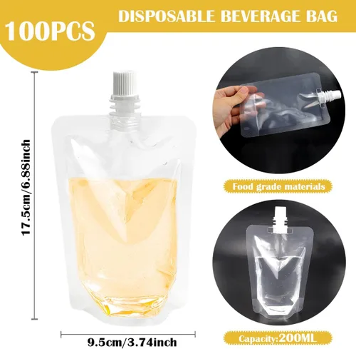 Miniatura 2 de DOERDO - 100 bolsas de bebidas, bolsas de jugo, frascos, transparentes, de pie, para café, agua, cerveza, jugo, leche, 6.8 fl oz/6.8 onzas