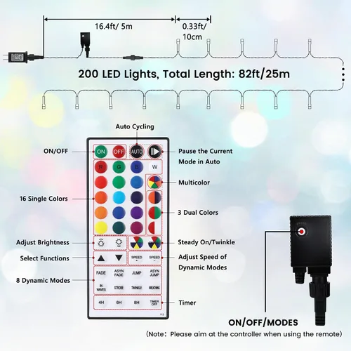 Miniatura 7 de Toodour Guirnalda de luces RGB de 66 pies, 200 luces LED que cambian de color con control remoto y temporizador, luces pastel impermeables