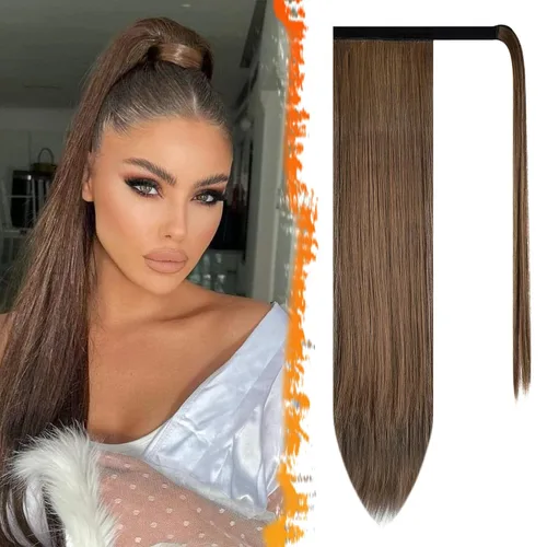 Miniatura 22 de BARSDAR Extensión de cola de caballo de 28 pulgadas largo recto envoltura alrededor del clip en pelo de fibra sintética para mujeres, negro