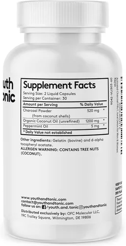 Miniatura 2 de Youth & Tonic Píldoras de carbón activado líquido 3 en 1 + 1200 mg de aceite de coco orgánico y aceite de menta, desintoxicación digestiva