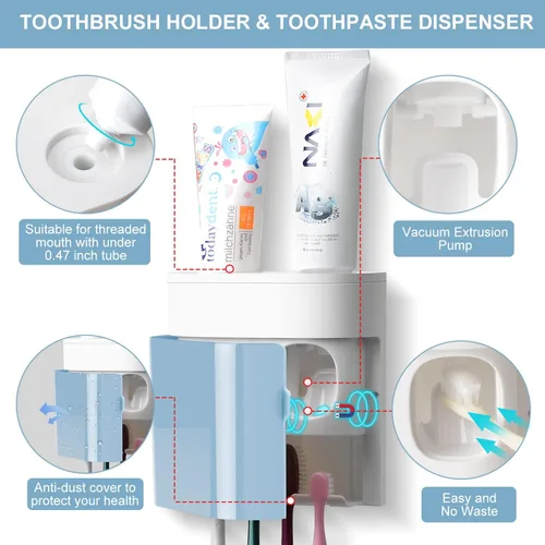 Miniatura 3 de Soporte para cepillos de dientes, dispensador de pasta de dientes montado en la pared con tapa, 4 ranuras, organizador de almacenamiento de cepillos