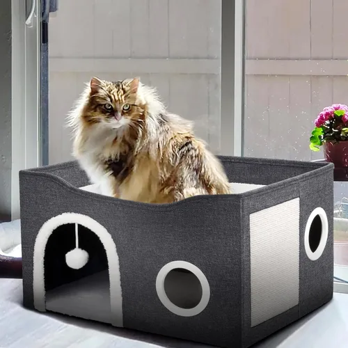 Miniatura 7 de Heeyoo - Casa para gatos de interior, cueva grande con cama para gatos con bola esponjosa y almohadilla para arañar, casas y condominios plegables