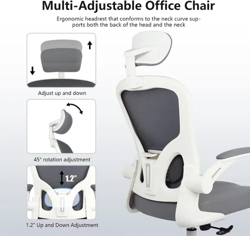 Miniatura 5 de Silla de escritorio ergonómica, soporte lumbar y reposacabezas 3D, silla de oficina en casa con respaldo de malla (gris)