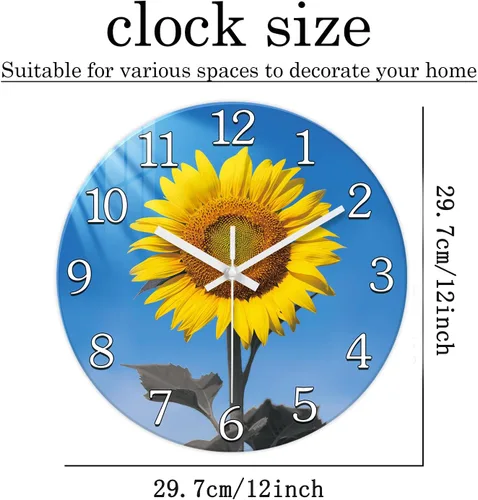 Miniatura 4 de XFM Reloj de pared de girasol de 12 pulgadas, silencioso, sin tictac, operado con pilas, decorativo, con flores amarillas, para cocina, sala