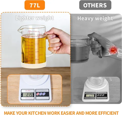 Miniatura 5 de 77L Vaso medidor de vidrio, 2 tazas/16.9 fl oz, taza medidora con mango y boquilla en forma de V, vaso de vidrio con tres escalas (OZ, taza, ML)