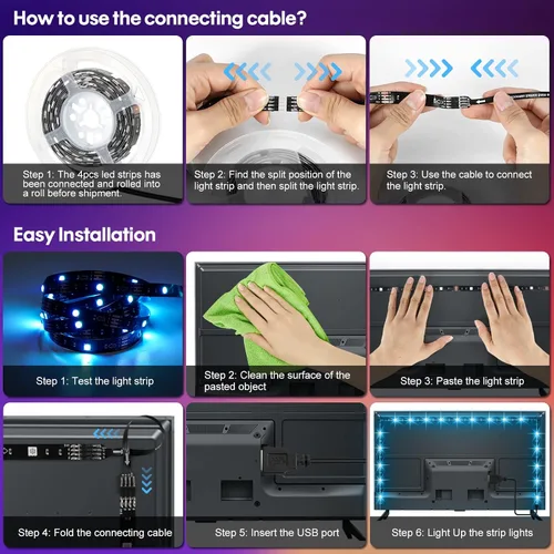 Miniatura 4 de Kit de tiras de luz LED USB, 4 tiras de luz LED RGB precortadas de 1.64 pies/6.56 pies, luces de fondo de TV que cambian de color con control