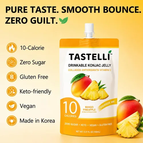 Miniatura 3 de Tastelli Gelatina Konjac de mango y piña con 1000 mg de colágeno y vitamina C, sin azúcar, sin gluten, baja en calorías, aperitivo de frutas