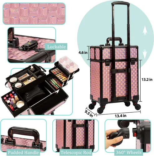 Miniatura 5 de AROUS Estuche de tren de maquillaje rodante con 4 bandejas de riel deslizantes, capa media extraíble, llave, ruedas giratorias, marco de aluminio