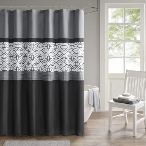 510 DESIGN Cortina de ducha, diseño bordado geométrico texturizado con forro integrado, decoración moderna de baño de mediados de siglo, lavable a