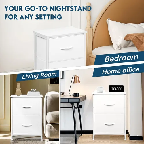 Miniatura 7 de LOFTEY Mesita de noche blanca, mesita de noche con 2 cajones de tela, mesita de noche para niños pequeños para dormitorio, mesa auxiliar de cama