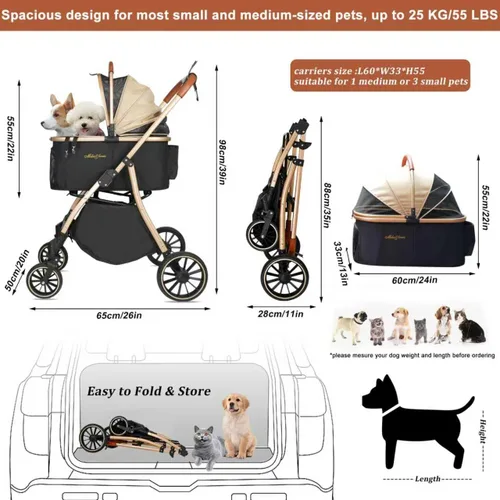 Miniatura 3 de MILA&LOUIS Cochecito para perros, cuna para mascotas de 24 pulgadas, ruedas grandes de poliuretano resistentes al desgaste, cochecito de gato