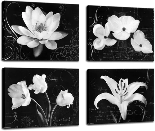 Biuteawal - Impresiones en lienzo de flores, arte de magnolia lirio, pintura floral en blanco y negro, impresiones en lienzo para decoración de