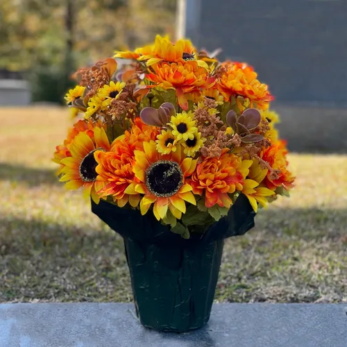 Miniatura 4 de Sympathy Silks Flores artificiales de otoño, decoración de tumbas, decoración del hogar, flores de maceta, girasoles amarillos y madres ámbar, ramo