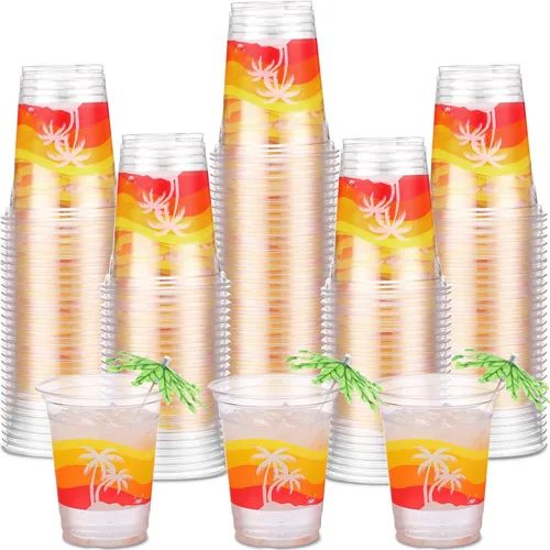 Miniatura 8 de Rtteri 100 tazas Luau de 12 onzas, vasos de plástico hawaiano tropical para fiesta, a granel, vasos desechables de palmera de coco y coco