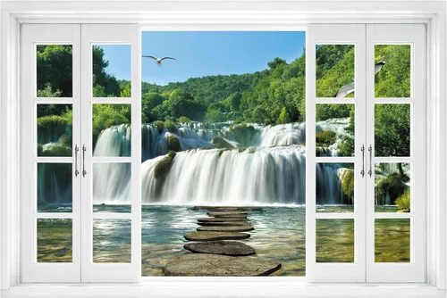 Miniatura 15 de FLFK Calcomanía de pared falsa para ventana, diseño de vista tropical del océano para despegar y pegar, 24 x 16 pulgadas