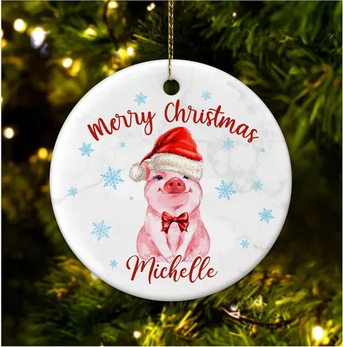 Hyturtle Regalos de Adornos de Navidad Personalizados para Amantes de los Cerdos - Adorno de Cerámica Navideño de Cerdo con Nombre Personalizado -