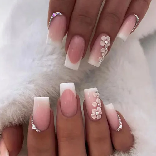 24 uñas postizas a presión de punta francesa, uñas acrílicas medianas falsas/falsas con diamantes de imitación de flores, diseños de punta francesa