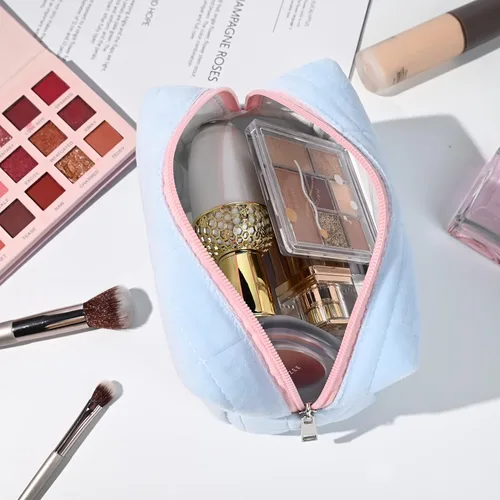 Miniatura 3 de SOIDRAM Bolsa de maquillaje de felpa para cosméticos, bonita bolsa de maquillaje estética, bolsa de maquillaje azul, bolsa de aseo de viaje