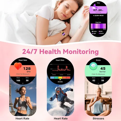Miniatura 5 de Reloj inteligente para mujer con llamada de marca/respuesta, reloj de fitness ajustable de 1.2 pulgadas con monitor de sueño de frecuencia cardíaca