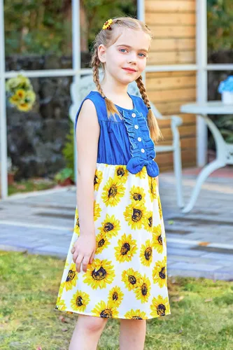 Miniatura 3 de Enlifety - Vestidos de princesas para niñas pequeñas, sin mangas, blusa de mezclilla y faldas de tutú con estampado floral, vestido de verano de una