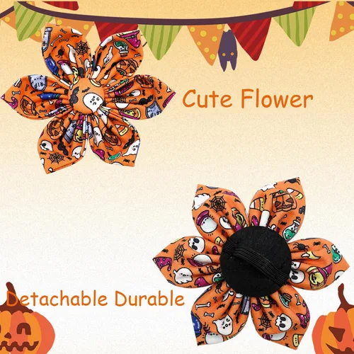Miniatura 4 de Elegant Little Tail - Collar de Halloween para mascotas, naranja con calabaza y flores, suave y duradero para perros pequeños Halloween B