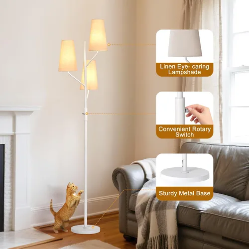 Miniatura 3 de SRJJA Lámpara de pie industrial para sala de estar, lámpara de pie de árbol de 3 luces de 70 pulgadas de alto con poste blanco, lámparas de pie
