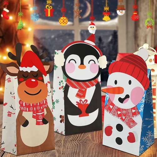 Miniatura 4 de FEBSNOW 24 bolsas de regalo de Navidad con 24 piezas de pegatinas, bolsas de dulces navideños, bolsas de envoltura de galletas navideñas, bolsas