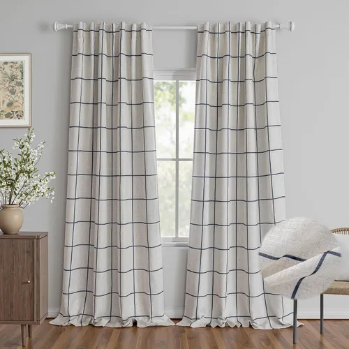 Miniatura 30 de MYSKY HOME Cortinas de Lino a Cuadros 100% Opacas de 45 Pulgadas de Largo de Doble Capa Estilo Granja con Aislamiento Térmico Estampado a Cuadros