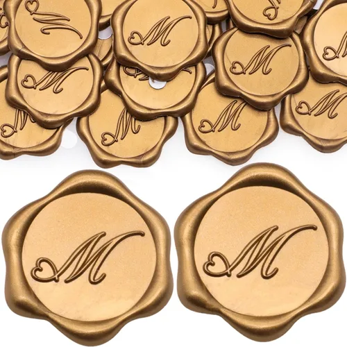Miniatura 12 de SWANGSA Paquete de 50 calcomanías de sello de cera de letra A, diseño de corazón dorado antiguo, calcomanías de cera inicial para boda, fiesta