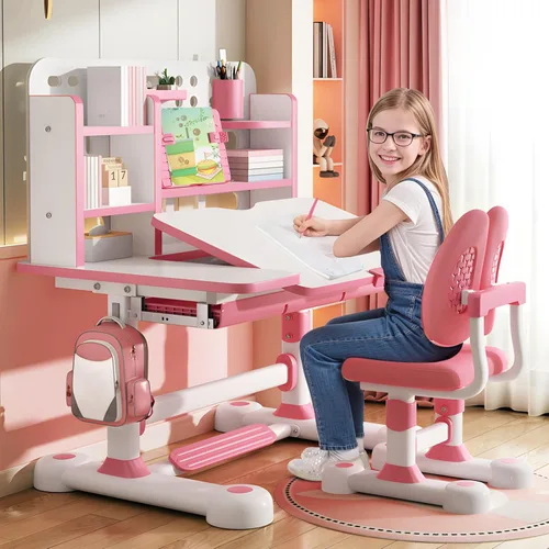 Miniatura 13 de Juego de escritorio y silla de altura ajustable para niños con cajón y almacenamiento, mesa y sillas para niños, escritorio de estudio escolar
