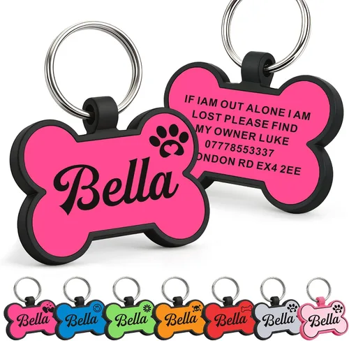 Etiquetas para perros personalizadas para mascotas, etiqueta de silicona para perro, etiquetas de nombre para perro, etiquetas de perro hueso rosado
