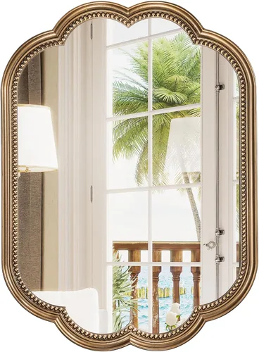 Miniatura 9 de Espejo de pared festoneado, espejo ovalado dorado de 22 x 30 pulgadas, marco decorativo de cuentas doradas, espejos dorados antiguos de flores