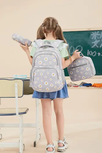 Miniatura 14 de goldwheat Mochilas impresas margaritas con paquete de almuerzo, estuche de lápices 3pcs, bolsa ligera resistente al agua para la escuela secundaria
