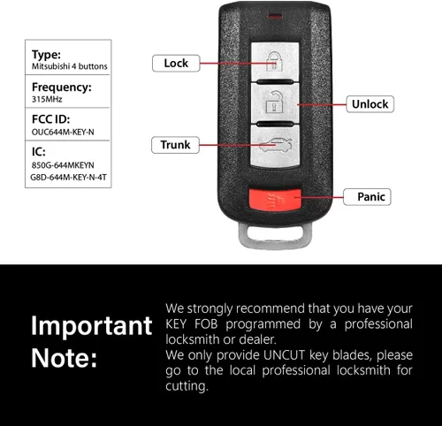 Miniatura 3 de Reemplazo para Mitsubishi Lancer Outlander Sport Mirage 2008-2020 Llavero de Control Remoto OUC644M-KEY-N 4 Botones 315MHz
