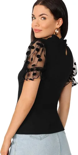 Miniatura 3 de OYOANGLE Blusa casual de verano de manga corta con encaje y cuello alto falso para mujer