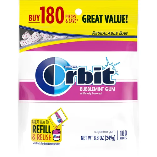 ORBIT Goma de mascar Bubblemint sin azúcar a granel, bolsa resellable de 180 piezas, goma de mascar a granel