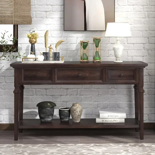 Miniatura 10 de RuiSiSi Mesa consola de granja con 3 cajones y estante inferior, mesa de sofá de madera maciza para sala de estar, comedor, entrada, gris lavado