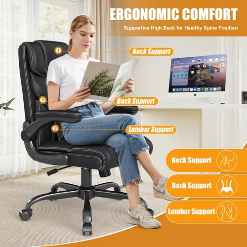 Miniatura 4 de Silla de oficina ejecutiva con reposabrazos abatibles, sillas ergonómicas de escritorio para computadora, silla de oficina de cuero con respaldo