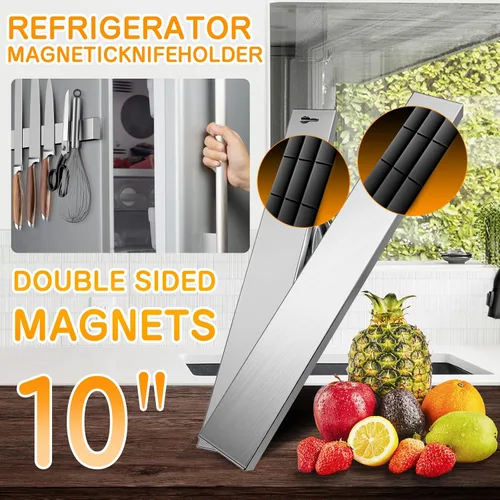 Miniatura 2 de Ninonly - Porta cuchillos magnético de 10 pulgadas para refrigerador, tira magnética de doble cara de acero inoxidable para pared, estante magnético