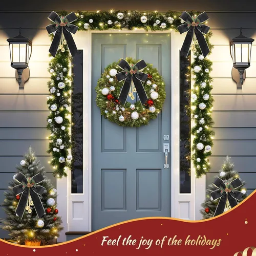 Miniatura 6 de Yinkin Corona de Árbol de Navidad Lazo Lazos de Cinta de Navidad con Campanas 11 x 7.8 pulgadas Terciopelo Cono de Pino Lazo Adornos Colgantes