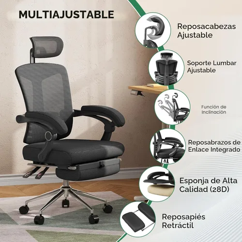 Miniatura 4 de DEVAISE Silla de escritorio ergonómica de malla con reposapiés, cómoda silla de computadora reclinable grande y alta con soporte lumbar ajustable