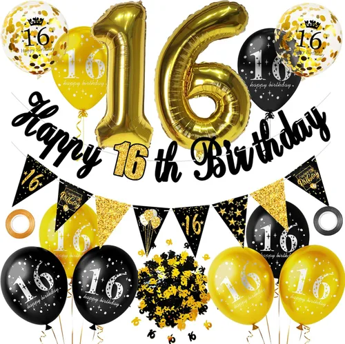 Decoraciones de fiesta de cumpleaños número 16 para hombres y mujeres, negro y dorado, cartel de feliz cumpleaños negro y dorado, globos de feliz