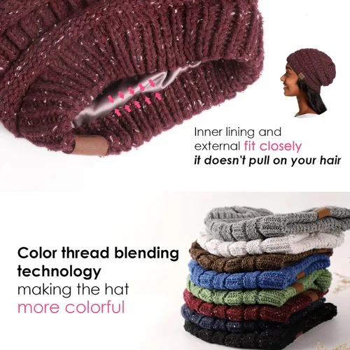 Miniatura 4 de Gorro de punto de invierno con forro de satén para mujer, gorro de cable, sedoso, suave, lavado, cálido